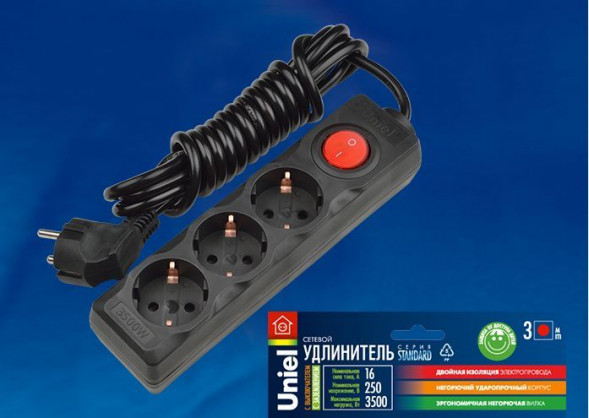 Удлинители серии Standard с заземлением и выключателем UNIEL (UL-00003608) S-GCD3-3B BLACK