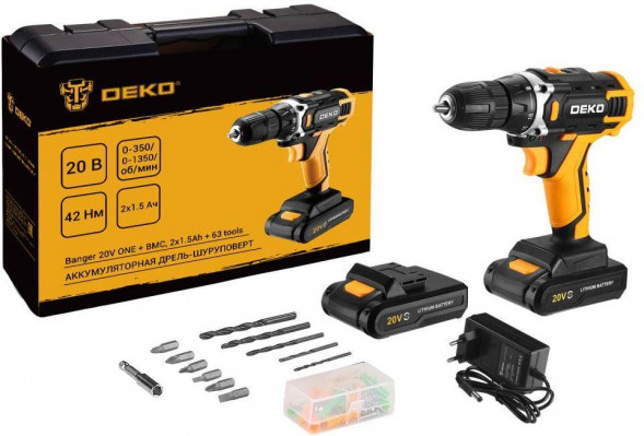 Аккумуляторная дрель-шуруповерт DEKO Banger 20V ONE + в кейсе + набор 63 инструмента для дома, 20В, 2х1.5Ач 083-1043