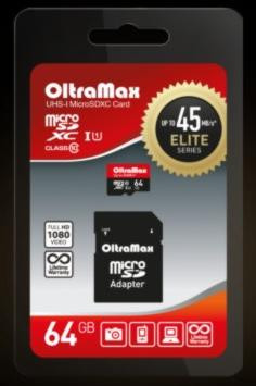 Карта памяти OLTRAMAX MicroSDXC 64GB Class 10 UHS-1 Elite + адаптер SD 45 MB/s