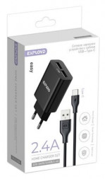 Сетевое ЗУ EXPLOYD EX-Z-1424 СЗУ Type-C 2.4A 2хUSB чёрный